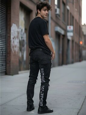 Jeans stone wash black embroidered words on back leg grunge goth torn distressed